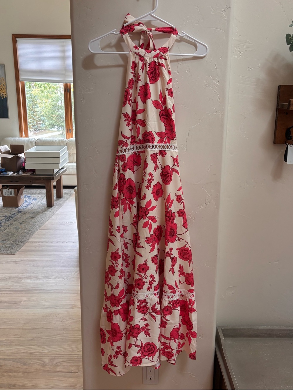 Cupshe Cream Halter Maxi Dress with Red Floral Print